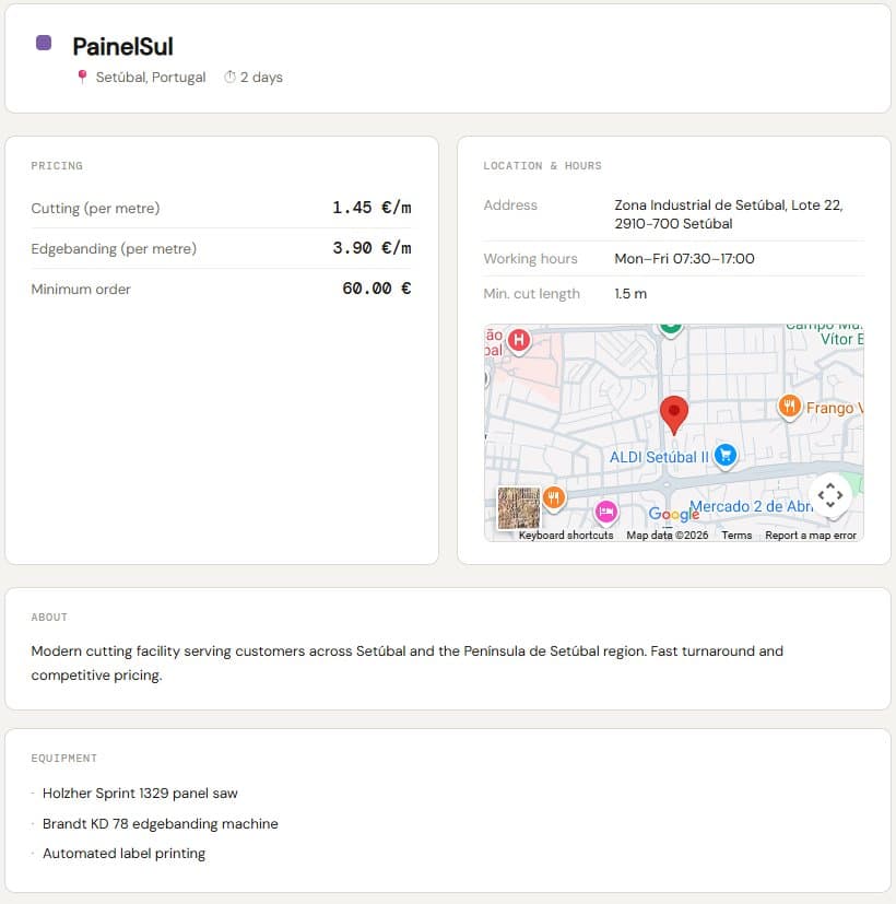 Contractor profile with prices, hours and location