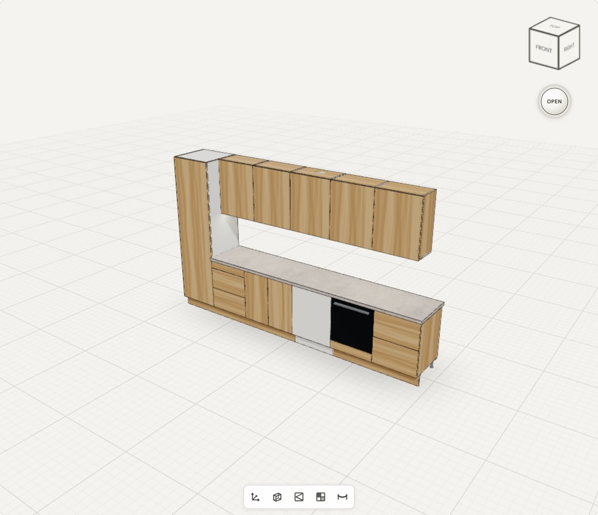 A kitchen run in the 3D viewport with its worktop, wall units and hood