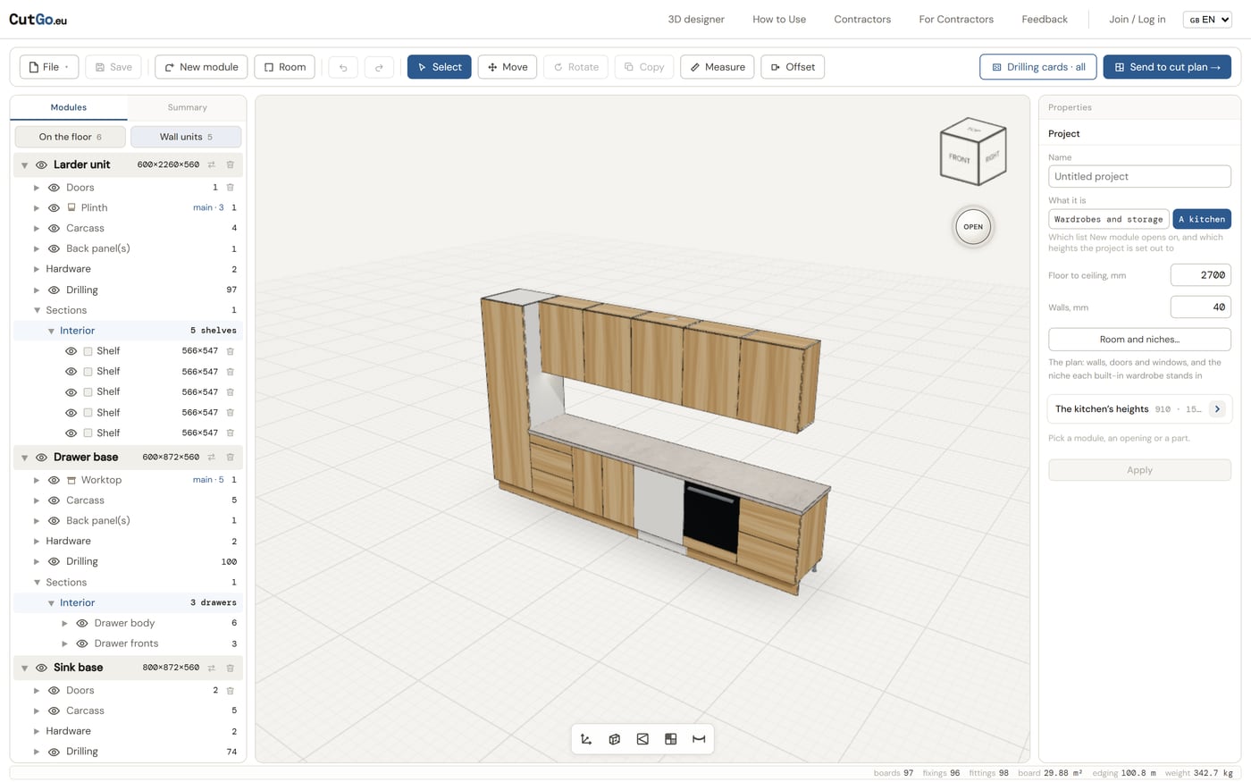 The constructor: the module tree on the left, the 3D viewport in the middle, the properties panel on the right