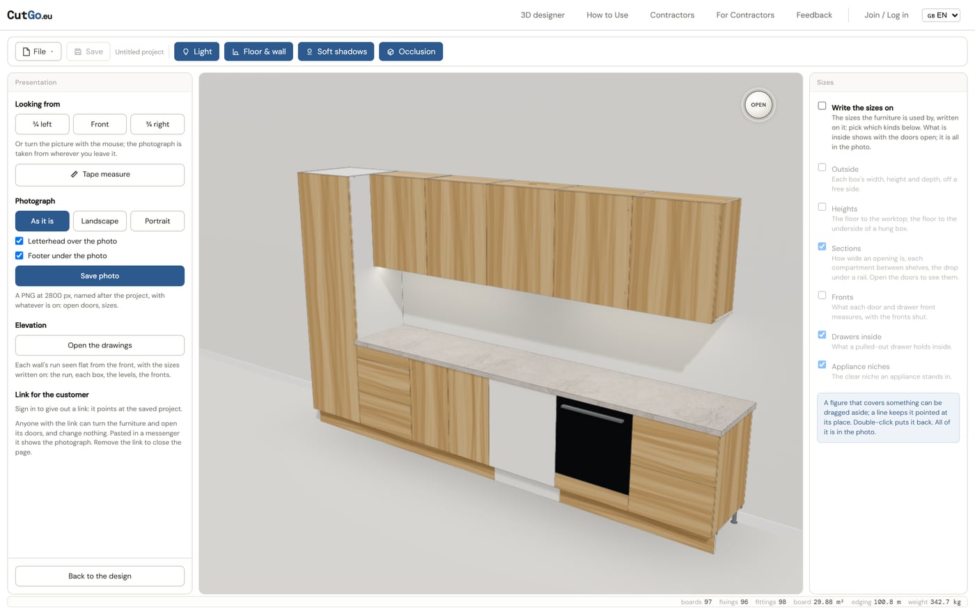 Presentation mode: the furniture with soft shadows, a floor and a wall