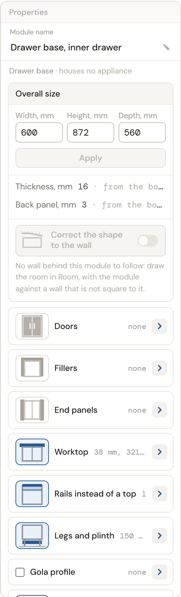 The properties panel: cards for doors, drawers, end panels, wall hangers